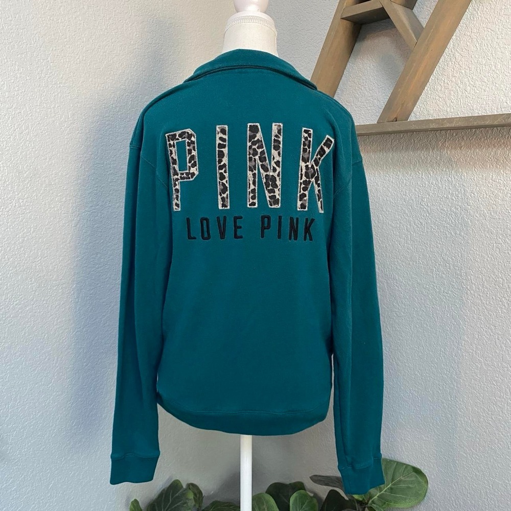 VICTORIA'S SECRET PINK TEAL QUARTER ZIP SWEATSHIRT LEOPARD Y2K ACTIVEWEAR GRUNGE